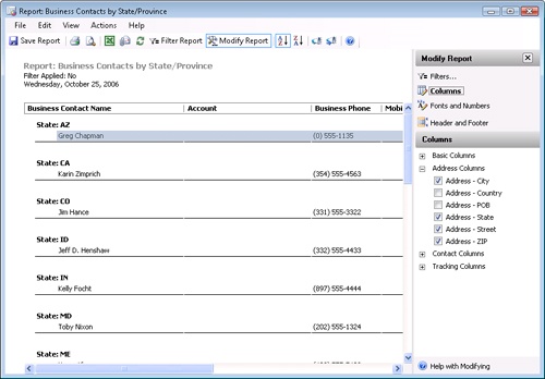 Use the Modify Report options to control the information included on a report.