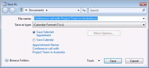 You can save your appointment in any of several formats so that the appointment can be opened with another application. You can also save the calendar or any date range portion of it.
