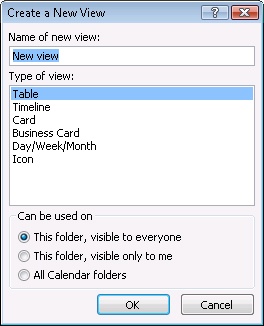 You can use the Create A New View dialog box to specify a name, a view type, the folder to which the view applies, and who is allowed to see the view.