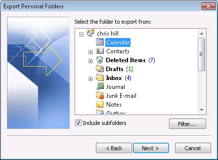 You use the Export Personal Folders dialog box to specify the folder to export to a file.