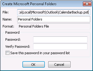 Type a password and verify the password before creating the .pst file.