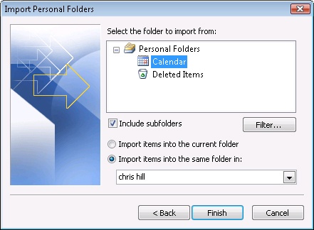 When you’re importing items, you must select the folder to be imported from the .pst file, whether to include subfolders, and the target folder.