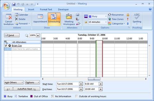 You can use the Scheduling page to add meeting attendees and view their schedules.