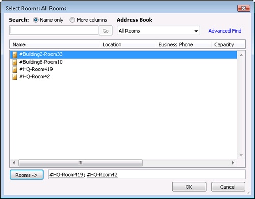 The Select Rooms dialog box lets you add one or more rooms to the meeting request.