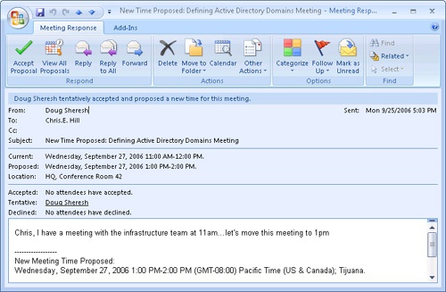 When an invited attendee proposes a new time for the meeting, the response to the meeting organizer looks like this.