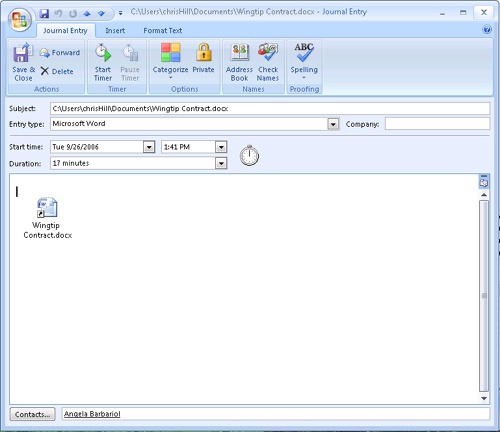 This journal entry shows a Word 2007 document associated with a contact.