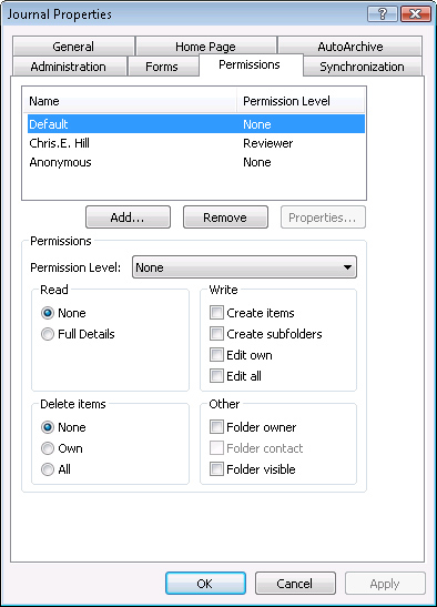 Share a Journal folder by using the Permissions tab in the Journal Properties dialog box.