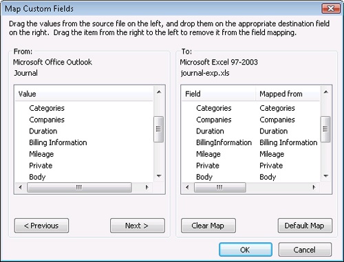 Connect journal fields to fields in the exported file in the Map Custom Fields dialog box.