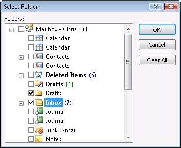 Use the Select Folder dialog box to choose the folders you want Outlook Today to display.