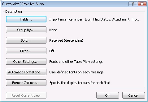 The Customize View dialog box lets you access the functions you can use to define your custom view.