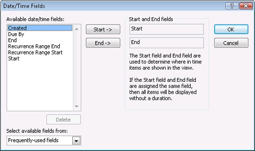 In the Date/Time Fields dialog box, specify the date fields used to show duration.