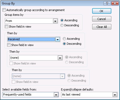 Use the Group By dialog box to specify criteria for grouping items in a view.