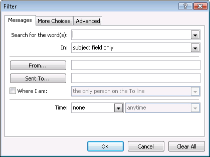 Specify conditions for the rule in the Filter dialog box.