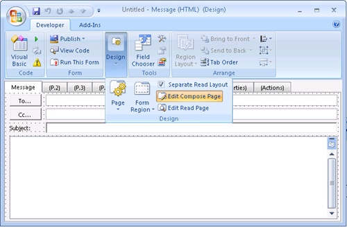 Use the Edit Compose Page and Edit Read Page buttons located in the Design group to switch between compose and read views of the form.