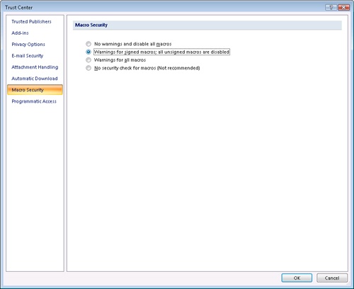 You can set the security level for macros in the Trust Center.