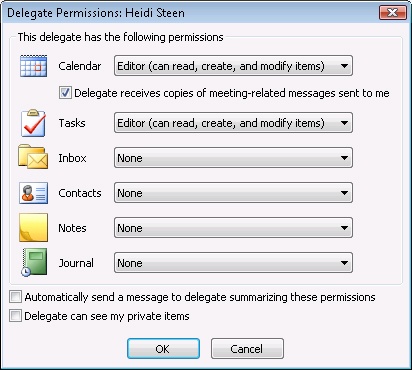 Configure delegate permissions in the Delegate Permissions dialog box.