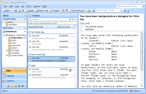 Outlook 2007 sends a message to delegates regarding their access privileges.