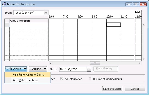 The group scheduling window is displayed for the Network Infrastructure group.