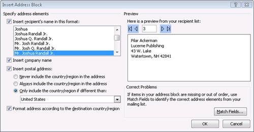 Set the address block field in this dialog box.