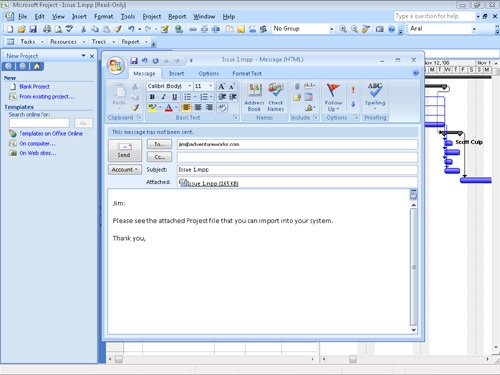 Send a Project 2007 file from Project 2007 using the Outlook 2007 e-mail features.