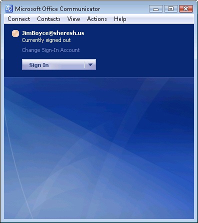 You can connect to the Live Communications Server by clicking the Sign In button or choosing Connect, Sign In.