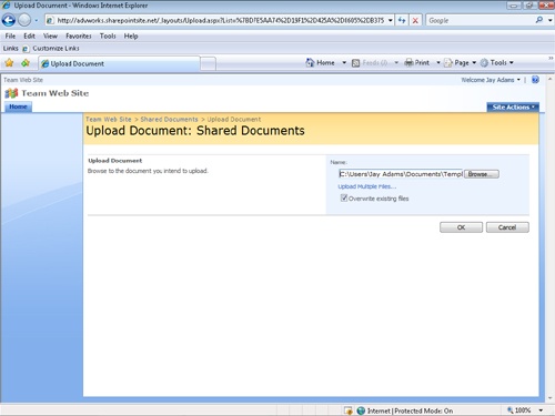 The Upload Document page is used to upload files to the document library.