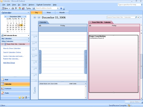 The calendar linked from the SharePoint site is shown in Outlook 2007.