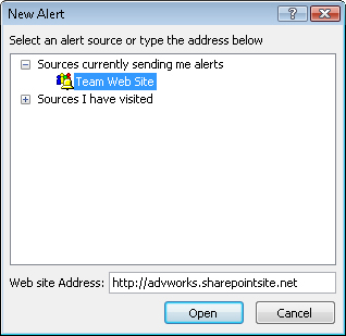 Select the SharePoint site in which to create the new alert in the list in the New Alert dialog box.