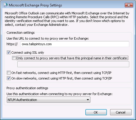 Specify settings for the HTTP connection in the Microsoft Exchange Proxy Settings dialog box.