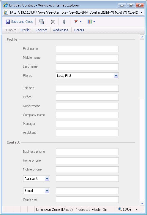 The form for creating contact entries in Outlook Web Access is similar to the contact form in Outlook 2007.