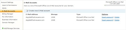 The E-Mail Accounts page shows you the e-mail accounts currently set up for your account.