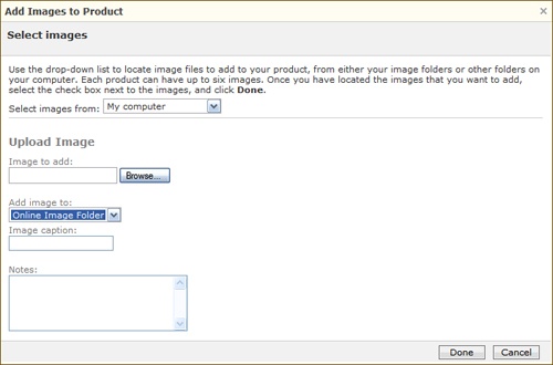 Add your product image and caption in the Add Images To Product dialog box.