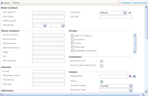 The New Contact window enables you to record all information you have about a new customer or vendor.