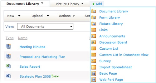 You can easily add a new tab to Document Manager by clicking the Add link and choosing the tab type you want to add.