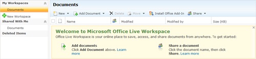 The Office Live Workspace window enables you to create workspaces and add and share documents with others.