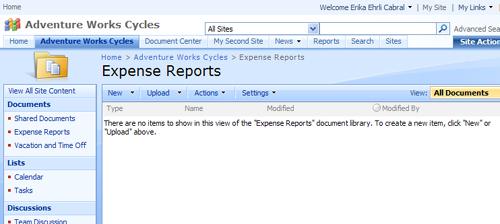 Microsoft Office SharePoint Server 2007 document library for the expense reporting solution