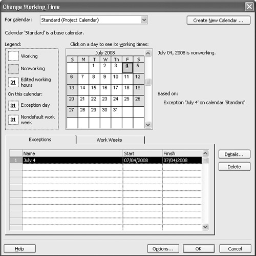 Use this dialog box to select or create a calendar for your project and to identify exceptions to the standard workday.