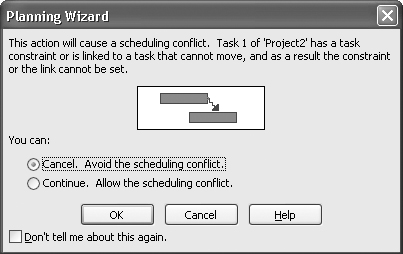 The Planning Wizard dialog box appears when a constraint causes a conflict with dependency timing.