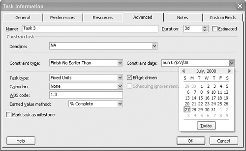 Set both constraints and deadline dates from the Advanced tab of the Task Information dialog box.
