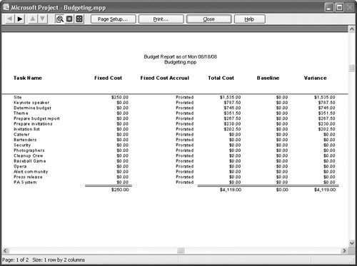 The Budget report shows you fixed and total costs, along with baseline and variance amounts.