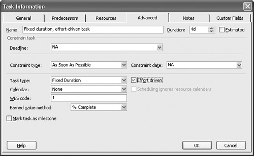 Use the Task Information dialog box to create a fixed duration, effort-driven task.