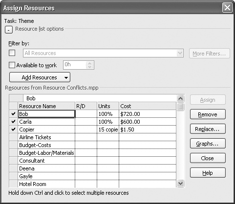 Display the Gantt Chart view in the upper pane and the Resource Usage view in the lower pane.