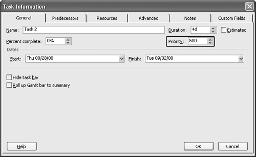 You can use the General tab of the Task Information dialog box to change a task’s priority.
