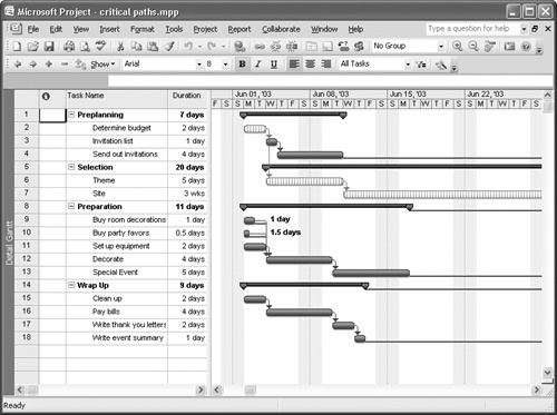The Detail Gantt view uses red and blue to distinguish between critical and non-critical tasks; I added a pattern to critical tasks to make them easily visible in the figure.