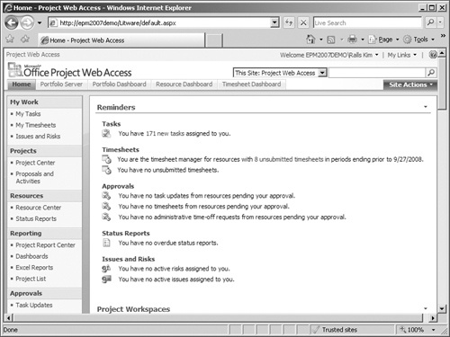 A typical Project Web Access home page, where the navigation pane appears down the left side of the screen.