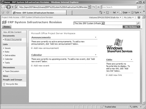 A typical SharePoint workspace for a project, in which the navigation pane appears down the left side of the screen.