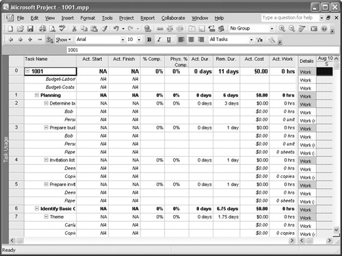 The Tracking table in any task view shows the fields most commonly used to record actual progress.