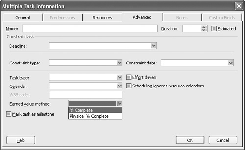 You can set the earned value method for one or more tasks from the Task Information dialog box.