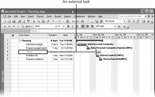 External task names and Gantt bars are gray in subproject files.