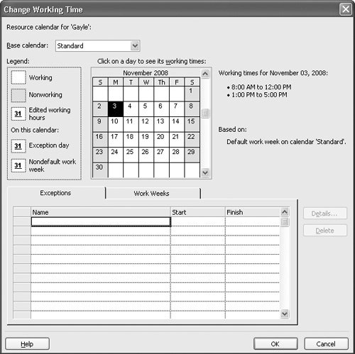 Establish working time exceptions and special work weeks in the Change Working Time dialog box.